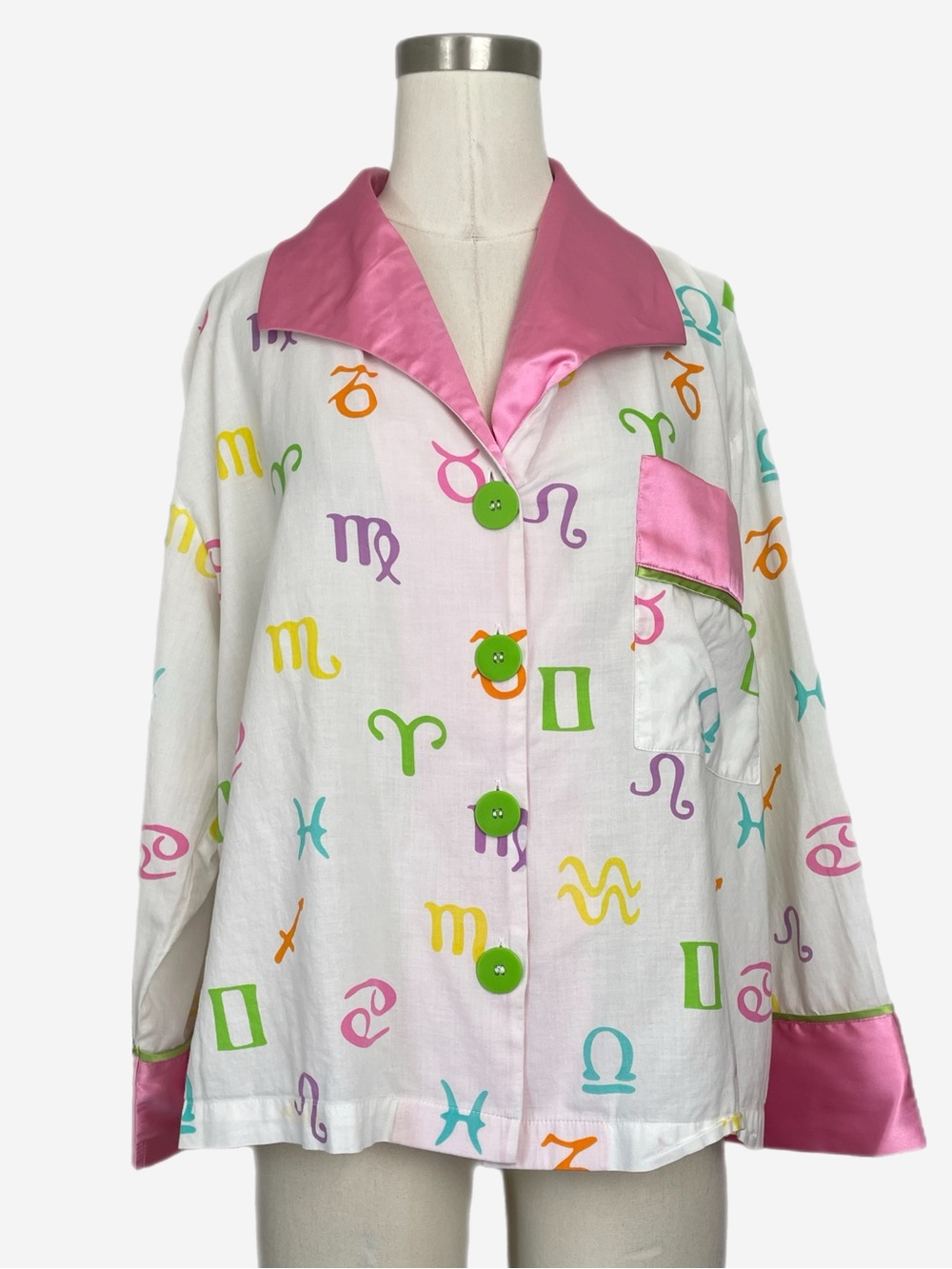 Pajamagram Pink satin trim Zodiac symbol long sleeve pajama top eclectic L